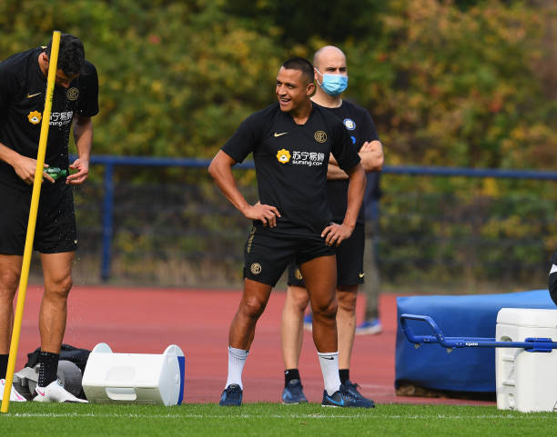 Alexis Sanchez of FC Internazionale smiles during a FC Internazionale training session on August 11 2020 in Dusseldorf Germany