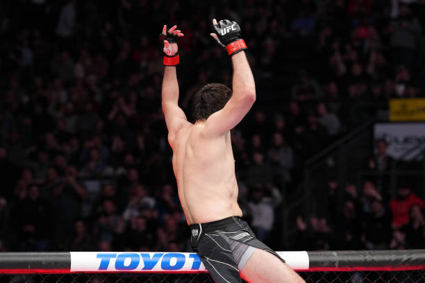 Aliaskhab Khizriev of Russia celebrates his submission victory over Denis Tiuliulin of Russia in a middleweight fight during the UFC Fight Night...