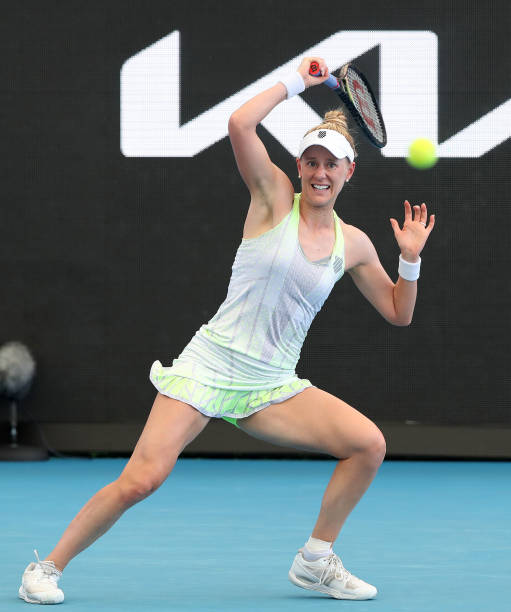 Alison Riske of the USA in action against Madison Keys of the USA during day seven of the 2022 Adelaide International at Memorial Drive on January...