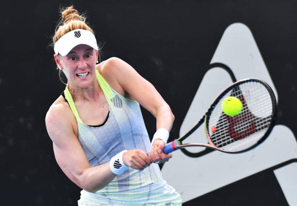 Alison Riske of USA hits a backhand in her match against Magda Linette of Poland during day two of the 2022 Adelaide International at Memorial Drive...