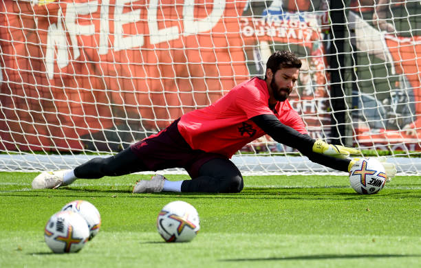 Alisson Becker of Liverpool during a training session at AXA Training Centre on August 04, 2022 in Kirkby, England.