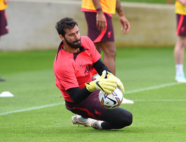 Alisson Becker of Liverpool during a training session at AXA Training Centre on August 04, 2022 in Kirkby, England.