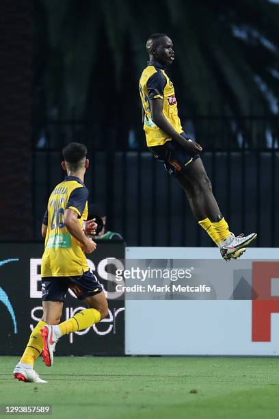 alou-kuol-of-the-mariners-celebrates-scoring-a-goal-during-the-match-picture-id1293857589