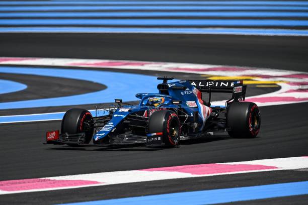Alpine's Spanish driver Fernando Alonso drives during the first practice session at the Circuit Paul-Ricard in Le Castellet, southern France, on June...