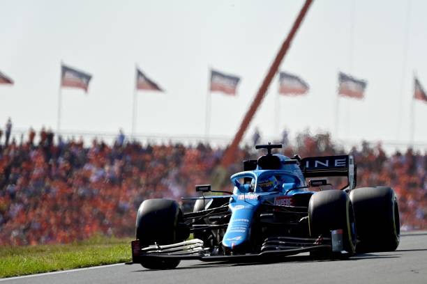 Alpine's Spanish driver Fernando Alonso races at the Zandvoort circuit during the Netherlands' Formula One Grand Prix in Zandvoort on September 5,...