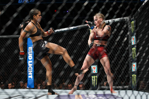 Amanda Nunes, left, fights Valentina Shevchenko during UFC 215 at Rogers Place on September 9, 2017 in Edmonton, Canada.