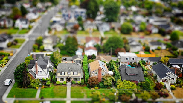 american suburban neighborhood tiltshift aerial photo picture