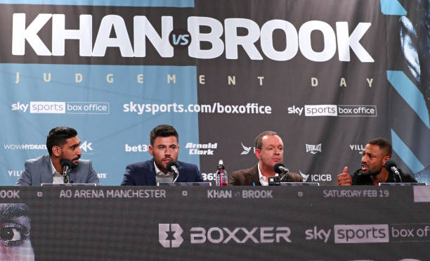 Amir Khan and Kell Brook face the media during a BOXXER press conference ahead of their fight at Manchester Central Convention Complex on February...
