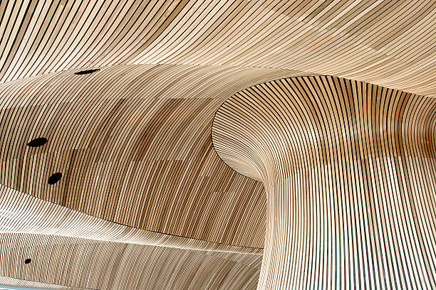 An abstract view of the National Assembly of Wales focusing upon the traditional and sustainable Welsh oak wooden ceiling. On March 1, 2006 (St. David&#039;s Day), the new Assembly building in Cardiff Bay, the Senedd, designed by Richard Rogers, was officially 