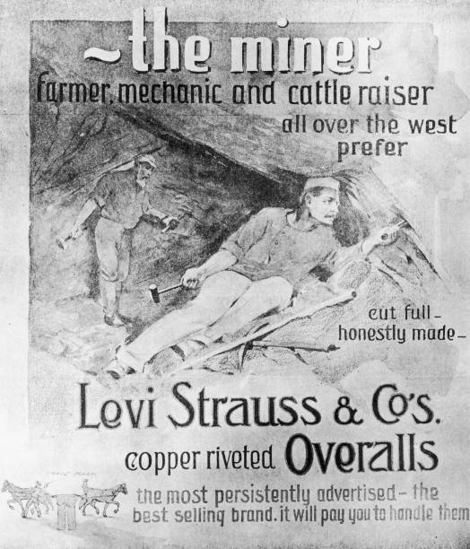 An advertisement for Levi Strauss & Co`s copper-riveted overalls, circa 1875. The hard-wearing garments were very popular with miners in the American...