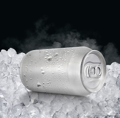 An unbranded freezing cold aluminum tin can with cold vapor an isolated dark studio background - 3D render