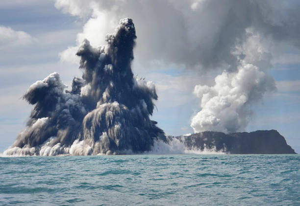 An undersea volcano is seen erupting off the coast of Tonga, sending plumes of steam, ash and smoke up to 100 metres into the air, on March 18, 2009...