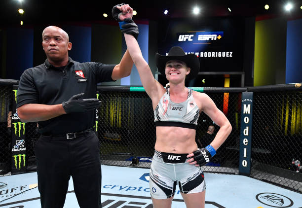 Andrea Lee reacts after her victory over Cynthia Calvillo in a flyweight fight during the UFC Fight Night event at UFC APEX on November 13, 2021 in...