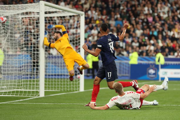 Andreas Cornelius of Denmark scores a goal to make it 1-2 during the UEFA Nations League League A Group 1 match between France and Denmark at Stade...
