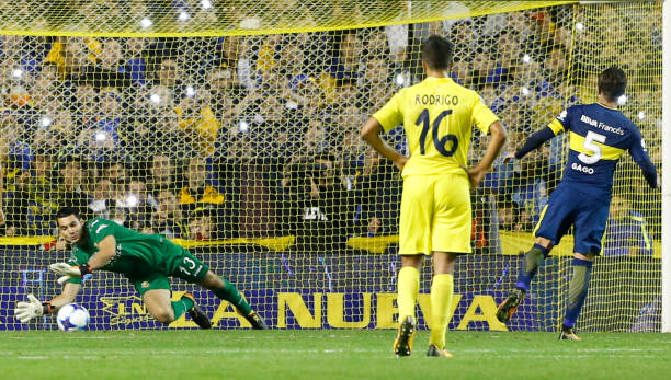 Andres Fernandez goalkeeper of Villarreal CF saves the penalty kicked by Fernando Gago during the international friendly match between Boca Juniors...