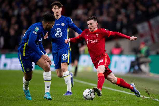 Andrew Robertson of Liverpool controls the ball during the Carabao Cup Final between Chelsea and Liverpool at Wembley Stadium, London on Sunday 27th...