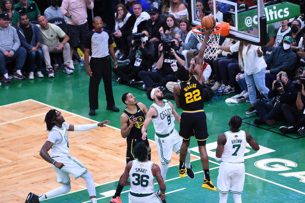 Andrew Wiggins of the Golden State Warriors drives to the basket against the Boston Celtics during Game Four of the 2022 NBA Finals on June 10, 2022...