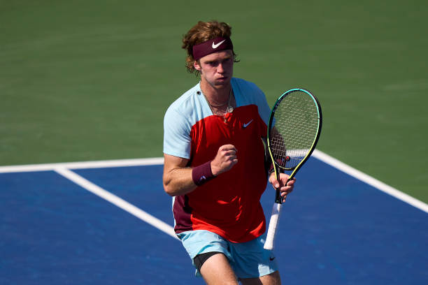 Andrey Rublev of Russia celebrates a point against Laslo Djere of Serbia during the Men's Singles First Round on Day Two of the 2022 US Open at USTA...