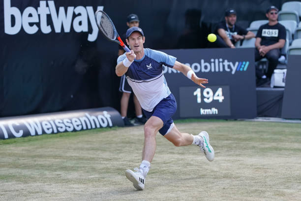Andy Murray of Great Britain plays a forehand during the quarterfinal match between Stefanos Tsitsipas of Greece and Andy Murray of Great Britain...
