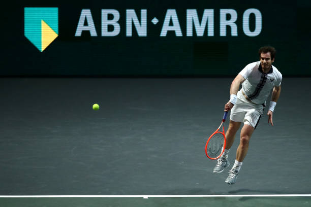 Andy Murray of Great Britain serves in his match against Andrey Rublev of Russiaduring Day 3 of the 48th ABN AMRO World Tennis Tournament at Ahoy on...