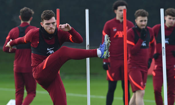 Andy Robertson of Liverpool during a training session at AXA Training Centre on December 24, 2021 in Kirkby, England.
