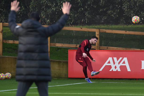Andy Robertson of Liverpool during a training session at AXA Training Centre on December 24, 2021 in Kirkby, England.