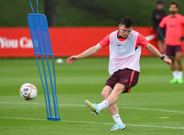 Andy Robertson of Liverpool during a training session at AXA Training Centre on August 04, 2022 in Kirkby, England.