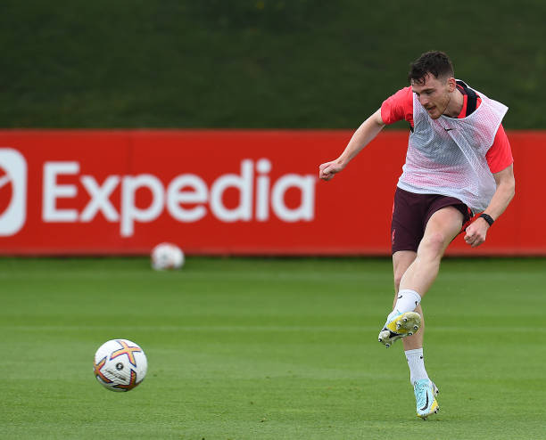 Andy Robertson of Liverpool during a training session at AXA Training Centre on August 04, 2022 in Kirkby, England.