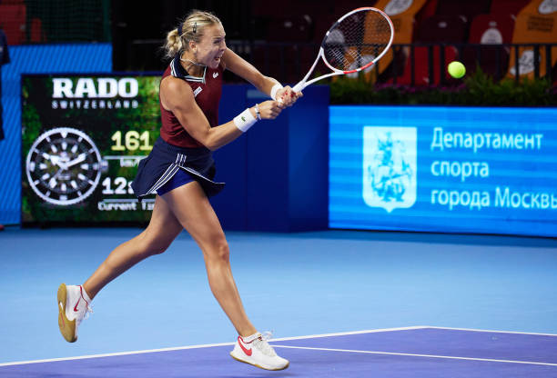 Anett Kontaveit of Estonia competes in her women's final match against Ekaterina Alexandrova of Russia during on Day Seven of the VTB Kremlin Cup at...