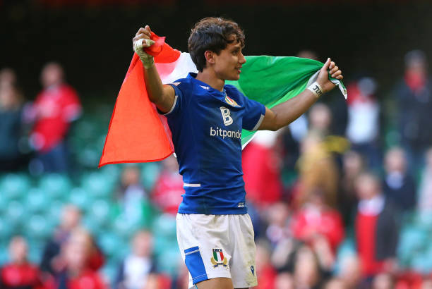 CARDIFF, WALES - MARCH 19: Ange Capuozzo of Italy celebrates after the Six Nations Rugby match between Wales and Italy at Principality Stadium on March 19, 2022 in Cardiff, Wales. (Photo by Alex Livesey/Federugby/Getty Images)