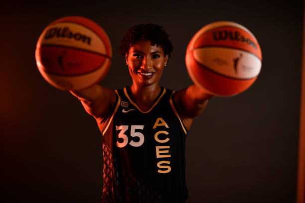 Angel McCoughtry of the Las Vegas Aces poses for a portrait during 2021 WNBA Media Day at the Michelob Ultra Arena on May 3, 2021 in Las Vegas,...