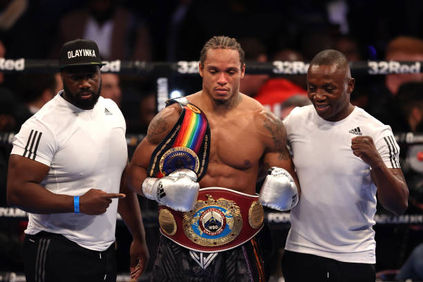 Anthony Yarde celebrates his 4th round victory over Lyndon Arthur claiming the WBO Inter-Continental Light Heavy Weight Title at Copper Box Arena on...