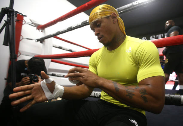 Anthony Yarde wraps his hands during the Anthony Yarde Media Session at the BoxUpCrime gym on September 02, 2020 in Ilford, England.
