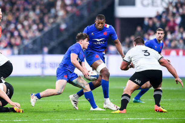 Antoine DUPONT of France and Cameron WOKI of France during the Autumn Nations Series match between France and New Zealand on November 20, 2021 in Paris, France. (Photo by Philippe Lecoeur/FEP/Icon Sport via Getty Images)