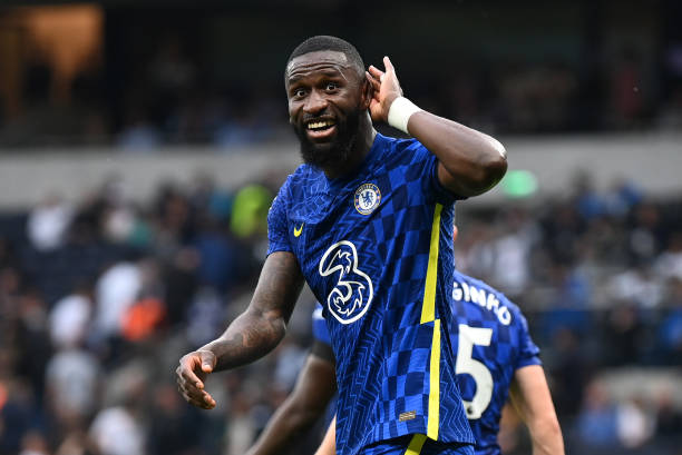 Antonio Ruediger of Chelsea celebrates after scoring their side's third goal during the Premier League match between Tottenham Hotspur and Chelsea at...