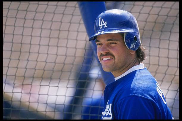 Catcher Mike Piazza of the Los Angeles Dodgers steps up to bat during a game against the Atlanta Braves at Dodger Stadium in Los Angeles, California....