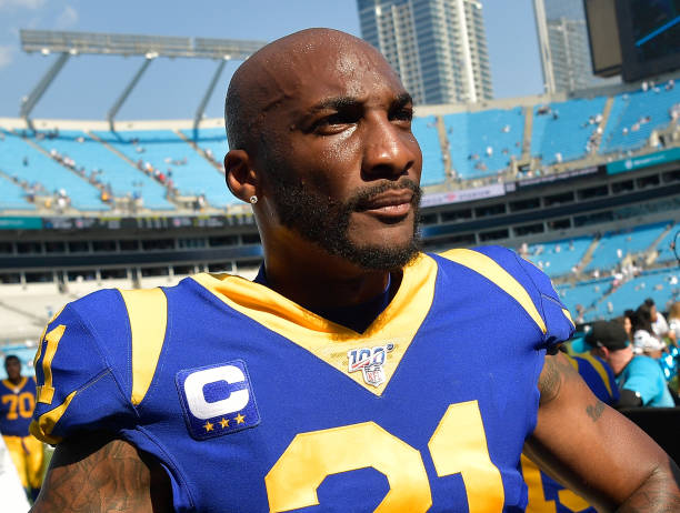 Aqib Talib of the Los Angeles Rams looks on during their game against the Carolina Panthers at Bank of America Stadium on September 08, 2019 in...