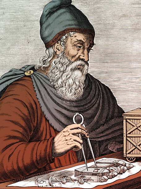 Archimedes , Greek scholarly. Engraving . B.N.F. Colourized photo.