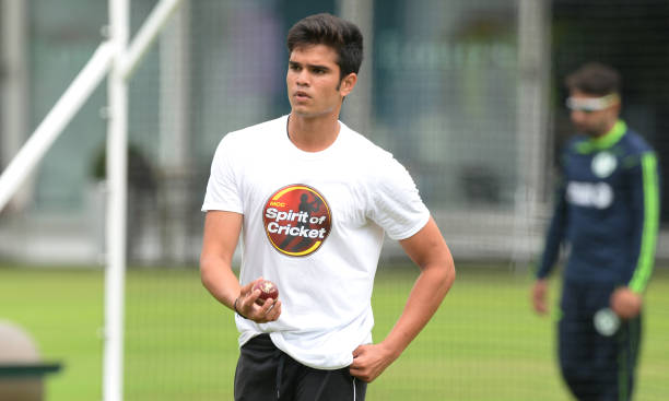 Arjun Tendulkar, son of Sachin in the nets bowling to Ireland players before the one off test match against Ireland at Lord's on July 22, 2019 in...