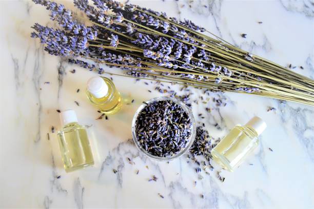 aromatic oils with lavender flowers on marble background - lavender oil stock pictures, royalty-free photos & images