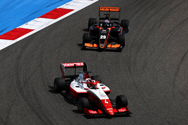 Arthur Leclerc of Monaco and Prema Racing leads Franco Colapinto of Argentina and Van Amersfoort Racing during the Round 1:Sakhir Feature Race of the...