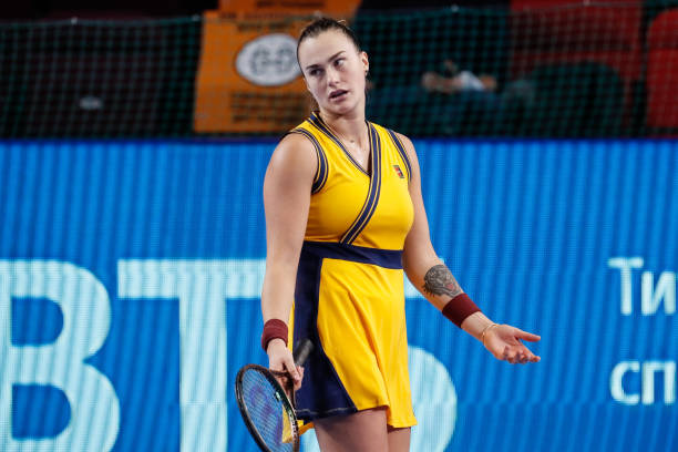 Aryna Sabalenka of Belarus reacts during the women's singles quarterfinal tennis match of the WTA 500 VTB Kremlin Cup 2021 International Tennis...
