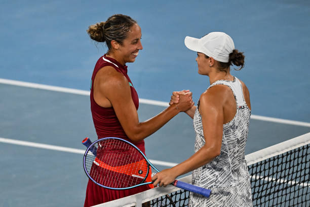 Ashleigh Barty of Australia shakes hands with Madison Keys of the United States fter beating her during day 11 of the 2022 Australian Open at...