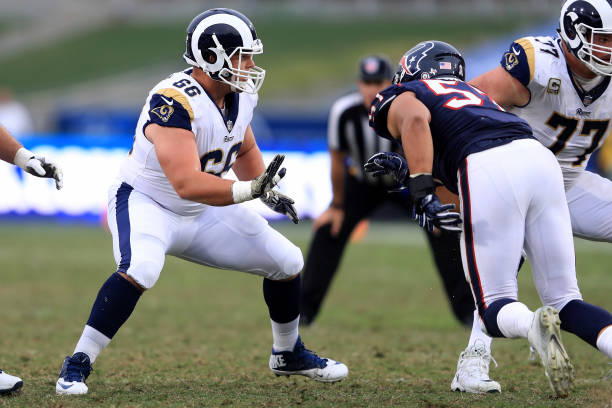 austin-blythe-of-the-los-angeles-rams-blocks-during-the-first-half-of-picture-id879541724