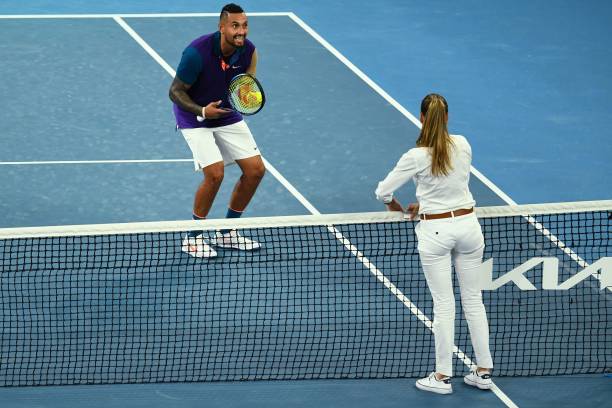 Australia's Nick Kyrgios talks to the umpire as he plays against France's Ugo Humbert during their men's singles match on day three of the Australian...