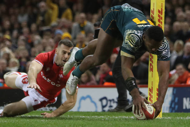 Australia's wing Filipo Daugunu scores a try during the Autumn International friendly rugby union match between Wales and Australia at the Principality Stadium in Cardiff, south Wales, on November 20, 2021. (Photo by Geoff Caddick / AFP) (Photo by GEOFF CADDICK/AFP via Getty Images)