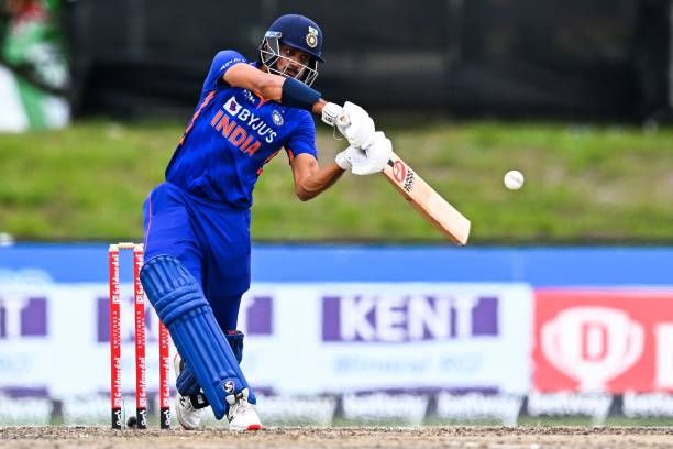 Axar Patel, of India, hits a six during the fifth and final T20I match between West Indies and India at the Central Broward Regional Park in...