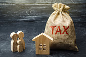 A bag with the word Tax and family stand near the house. Taxes on real estate, payment. Penalty, arrears. Register of taxpayers for property. Law-abiding, evasion of payment. Court law. Luxury tax.