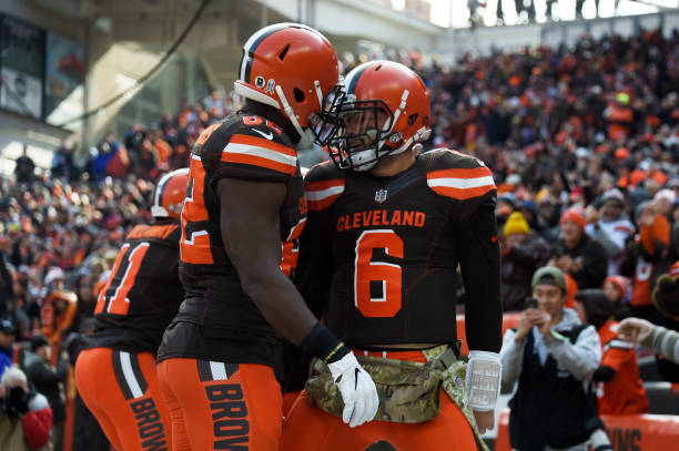 Baker Mayfield of the Cleveland Browns and Orson Charles of the Cleveland Browns celebrates a touchdown pass in the first half against the Atlanta...
