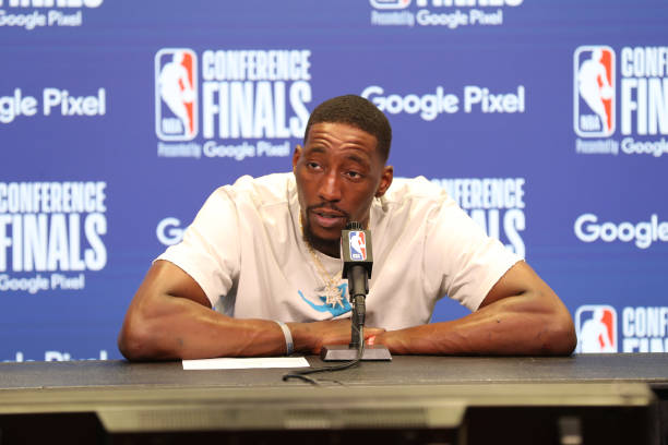Bam Adebayo of the Miami Heat talks to the media after Game 7 of the 2022 NBA Playoffs Eastern Conference Finals on May 29, 2022 at FTX Arena in...